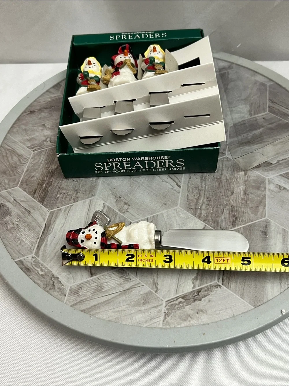 Vintage 1997 Boston Warehouse Folk Snowman Spreaders Set of 4 Boxed